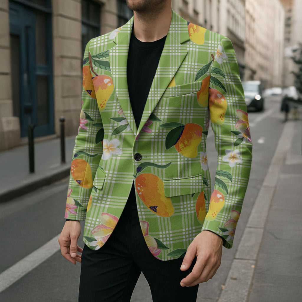 Aloha Hawaii Palaka Print Mango Plumeria Blazer Cool Mint