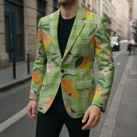 Aloha Hawaii Palaka Print Mango Plumeria Blazer Cool Mint