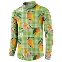 Aloha Hawaii Palaka Print Mango Plumeria Button Sweatshirt Cool Mint