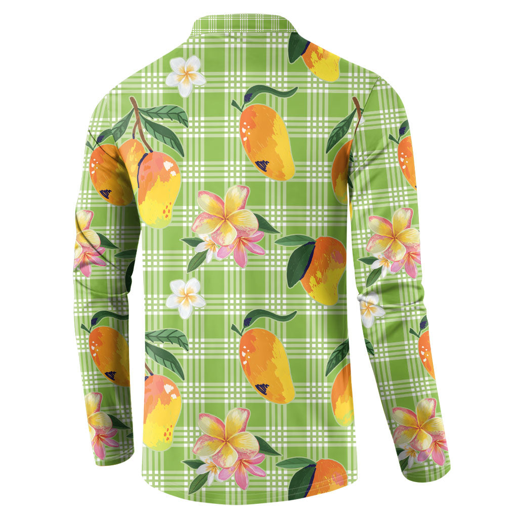 Aloha Hawaii Palaka Print Mango Plumeria Button Sweatshirt Cool Mint