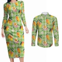 Aloha Hawaii Palaka Print Mango Plumeria Couples Matching Long Sleeve Bodycon Dress and Long Sleeve Button Shirt Cool Mint