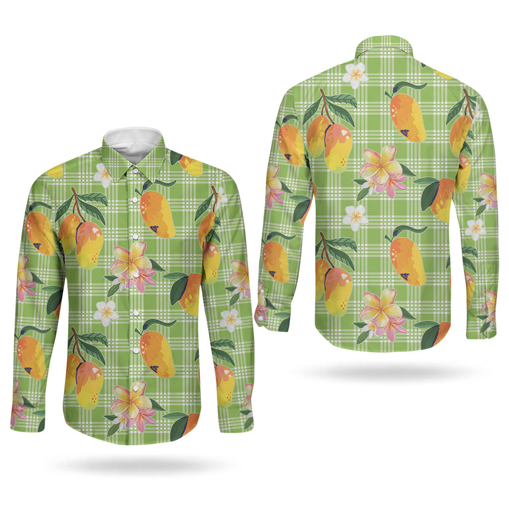 Aloha Hawaii Palaka Print Mango Plumeria Couples Matching Mermaid Dress and Long Sleeve Button Shirt Cool Mint