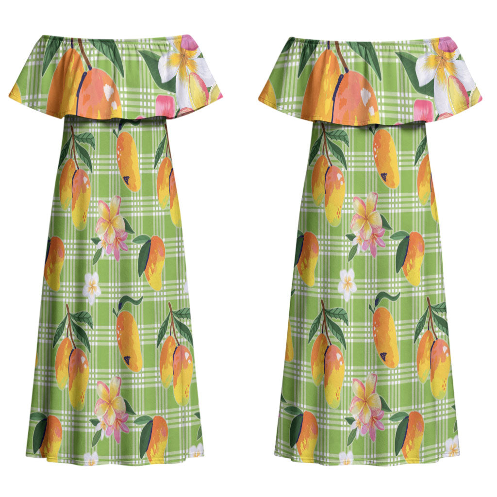 Aloha Hawaii Palaka Print Mango Plumeria Couples Matching Off Shoulder Maxi Dress and Long Sleeve Button Shirt Cool Mint