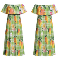 Aloha Hawaii Palaka Print Mango Plumeria Couples Matching Off Shoulder Maxi Dress and Long Sleeve Button Shirt Cool Mint