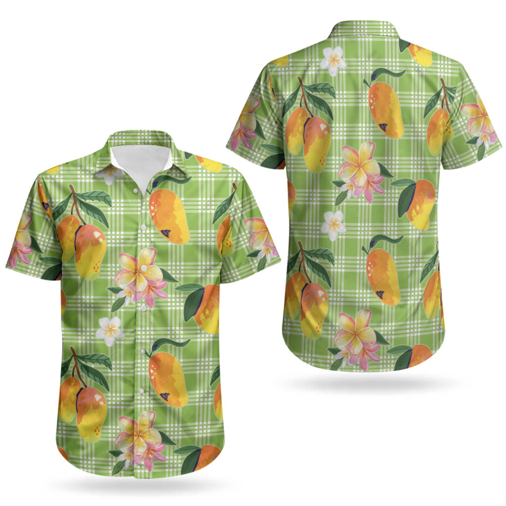 Aloha Hawaii Palaka Print Mango Plumeria Couples Matching Off Shoulder Short Dress and Hawaiian Shirt Cool Mint