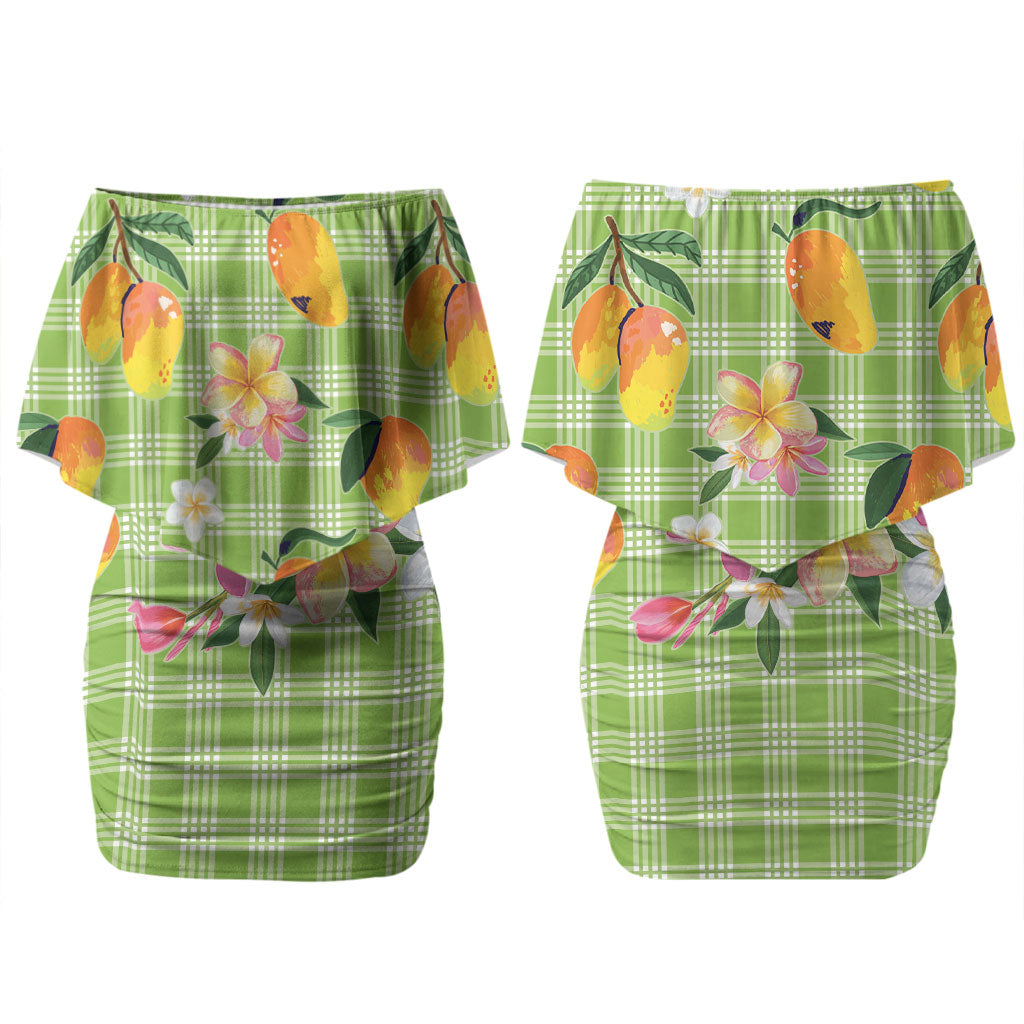 Aloha Hawaii Palaka Print Mango Plumeria Couples Matching Off Shoulder Short Dress and Long Sleeve Button Shirt Cool Mint