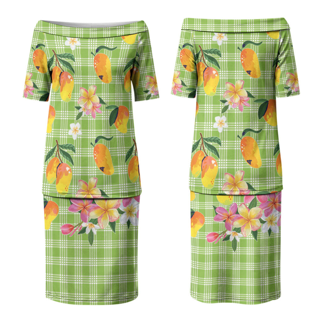 Aloha Hawaii Palaka Print Mango Plumeria Couples Matching Puletasi and Long Sleeve Button Shirt Cool Mint