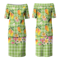 Aloha Hawaii Palaka Print Mango Plumeria Couples Matching Puletasi and Long Sleeve Button Shirt Cool Mint