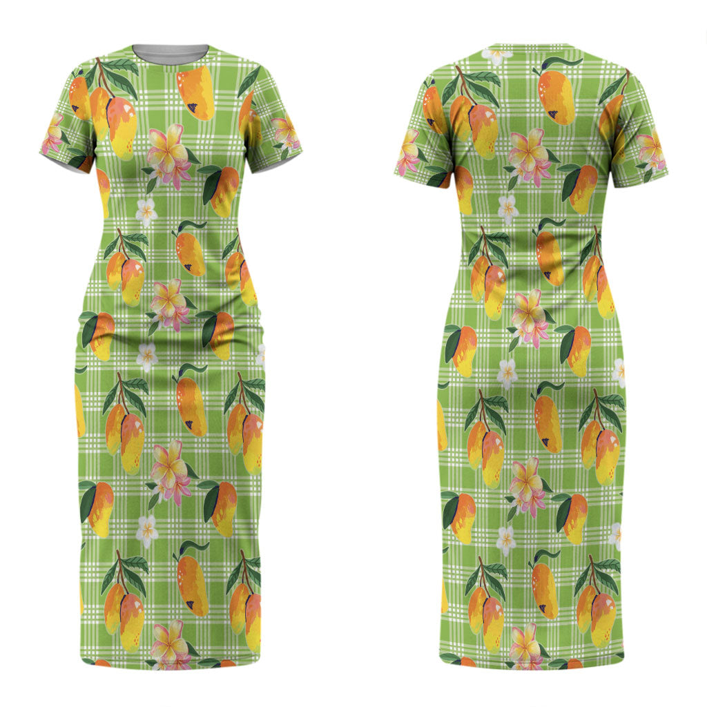 Aloha Hawaii Palaka Print Mango Plumeria Couples Matching Short Sleeve Bodycon Dress and Long Sleeve Button Shirt Cool Mint