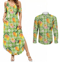 Aloha Hawaii Palaka Print Mango Plumeria Couples Matching Summer Maxi Dress and Long Sleeve Button Shirt Cool Mint