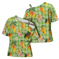 Aloha Hawaii Palaka Print Mango Plumeria Cross Shoulder Shirt Cool Mint