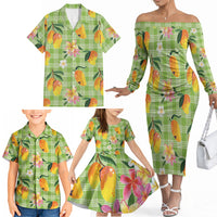 Aloha Hawaii Palaka Print Mango Plumeria Family Matching Off The Shoulder Long Sleeve Dress and Hawaiian Shirt Cool Mint