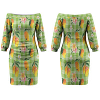 Aloha Hawaii Palaka Print Mango Plumeria Family Matching Off The Shoulder Long Sleeve Dress and Hawaiian Shirt Cool Mint