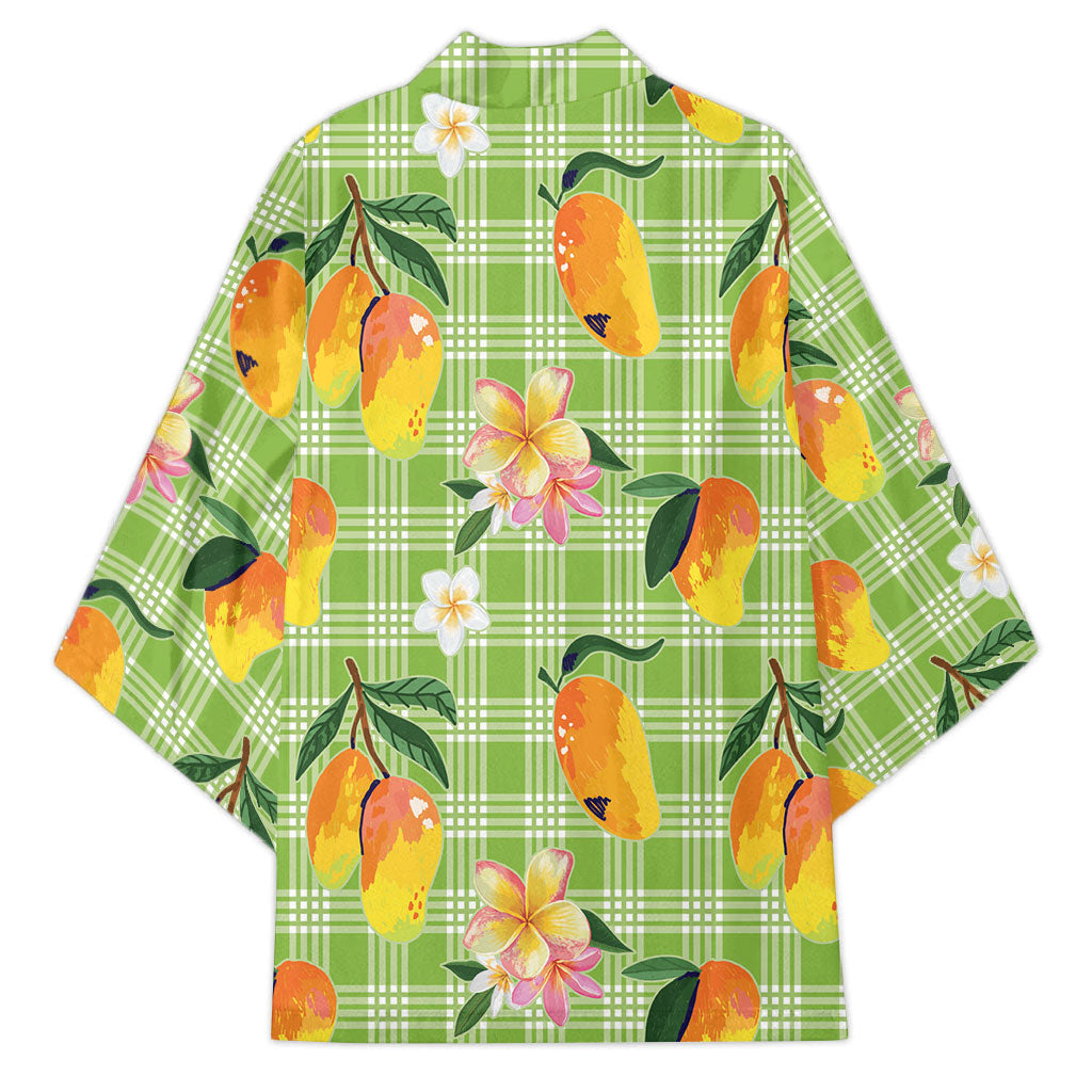 Aloha Hawaii Palaka Print Mango Plumeria Kimono Cool Mint