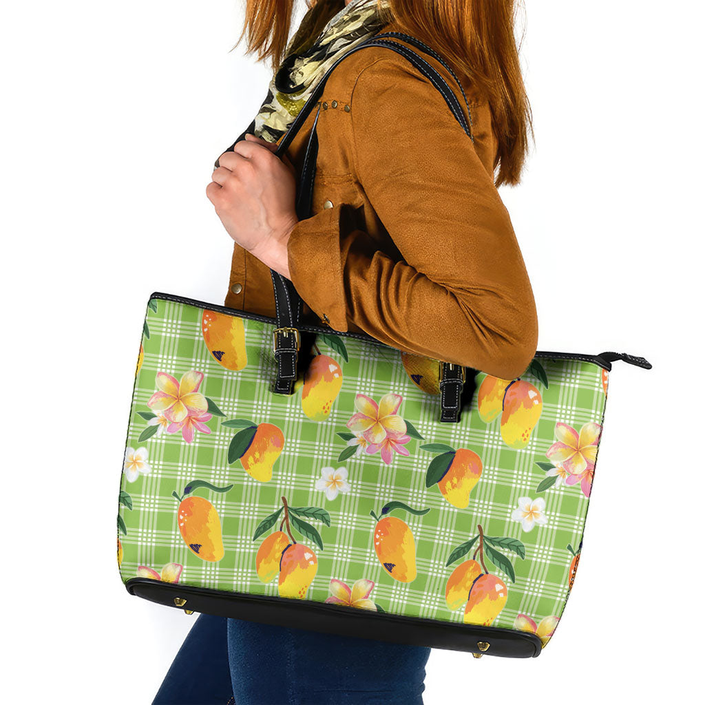Aloha Hawaii Palaka Print Mango Plumeria Leather Tote Bag Cool Mint