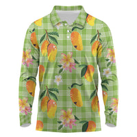 Aloha Hawaii Palaka Print Mango Plumeria Long Sleeve Polo Shirt Cool Mint