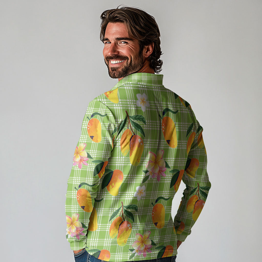 Aloha Hawaii Palaka Print Mango Plumeria Long Sleeve Polo Shirt Cool Mint