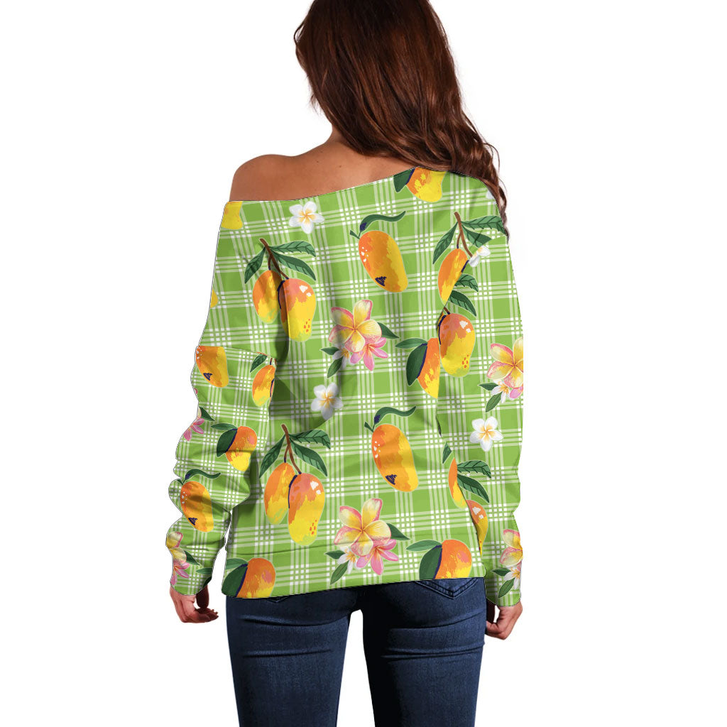 Aloha Hawaii Palaka Print Mango Plumeria Off Shoulder Sweater Cool Mint