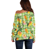 Aloha Hawaii Palaka Print Mango Plumeria Off Shoulder Sweater Cool Mint