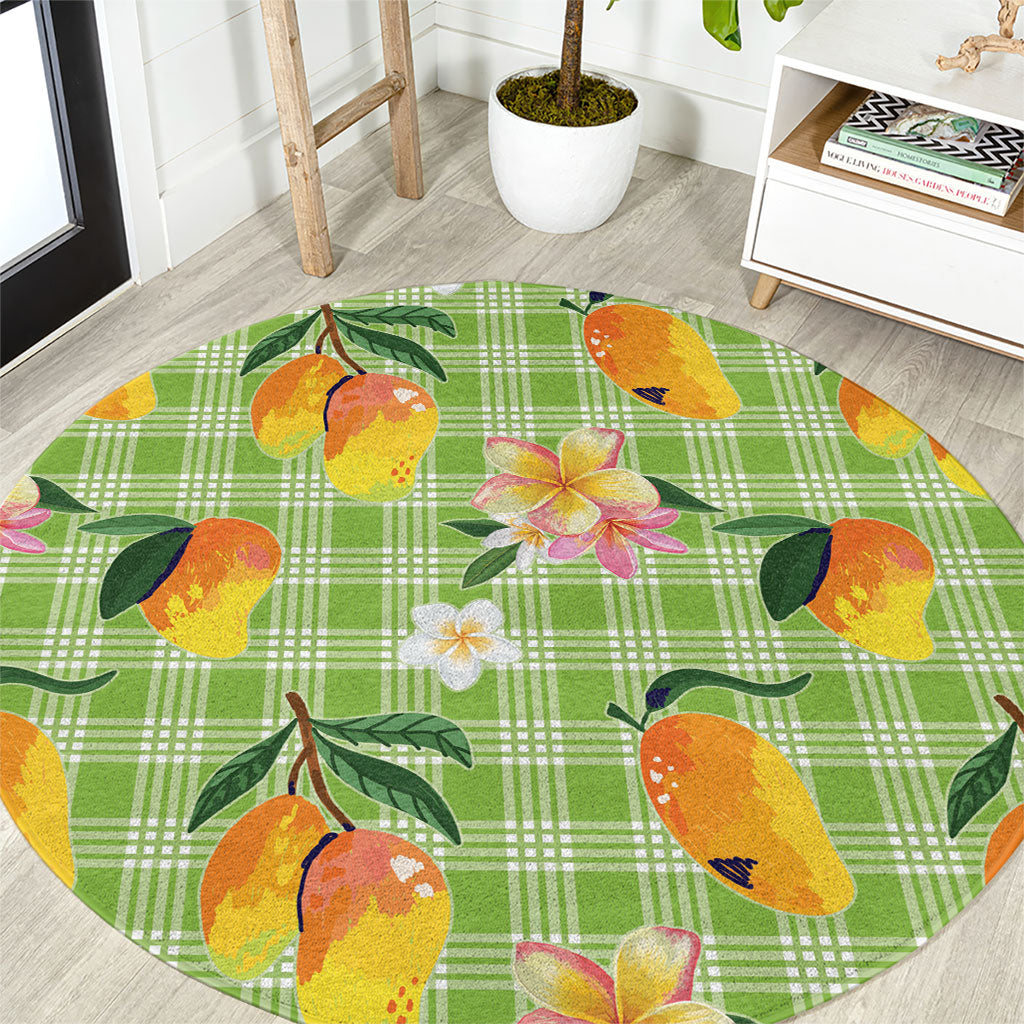 Aloha Hawaii Palaka Print Mango Plumeria Round Carpet Cool Mint