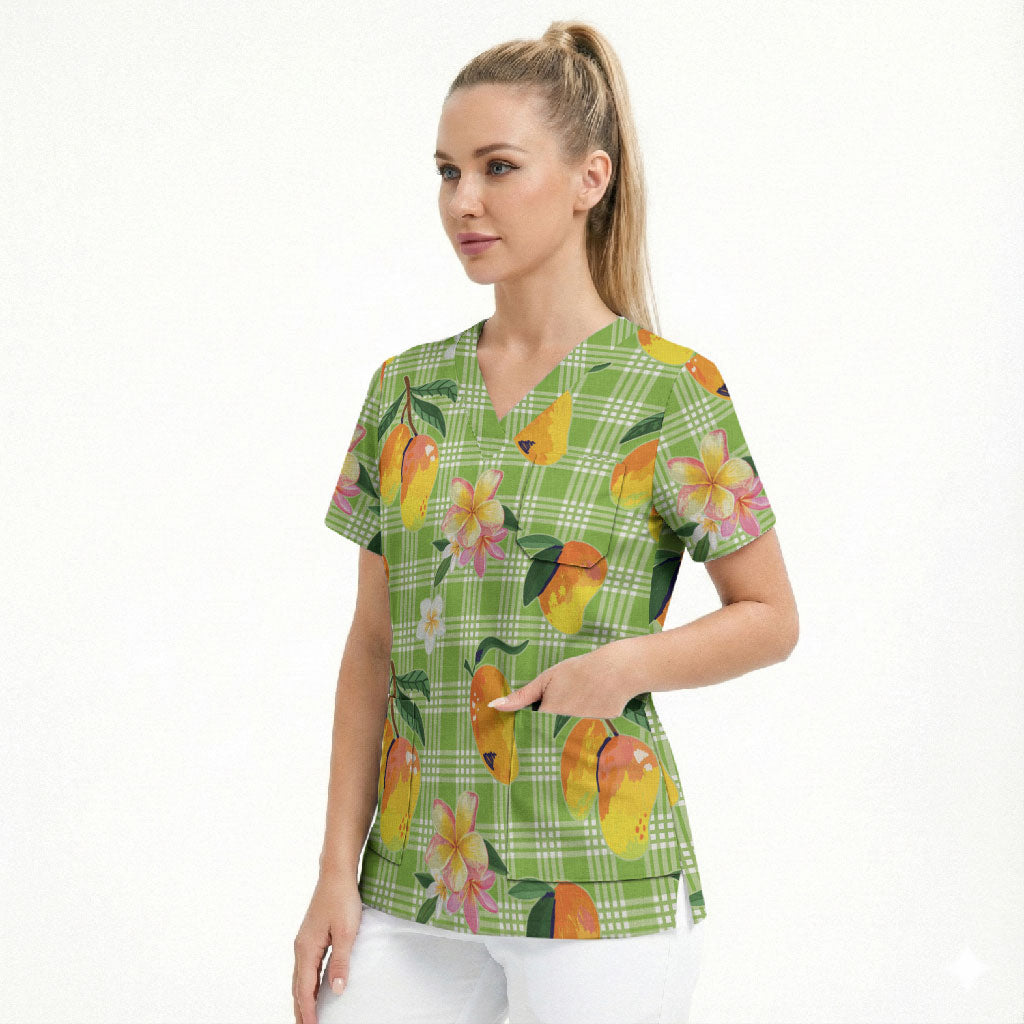 Aloha Hawaii Palaka Print Mango Plumeria Scrub Top Cool Mint