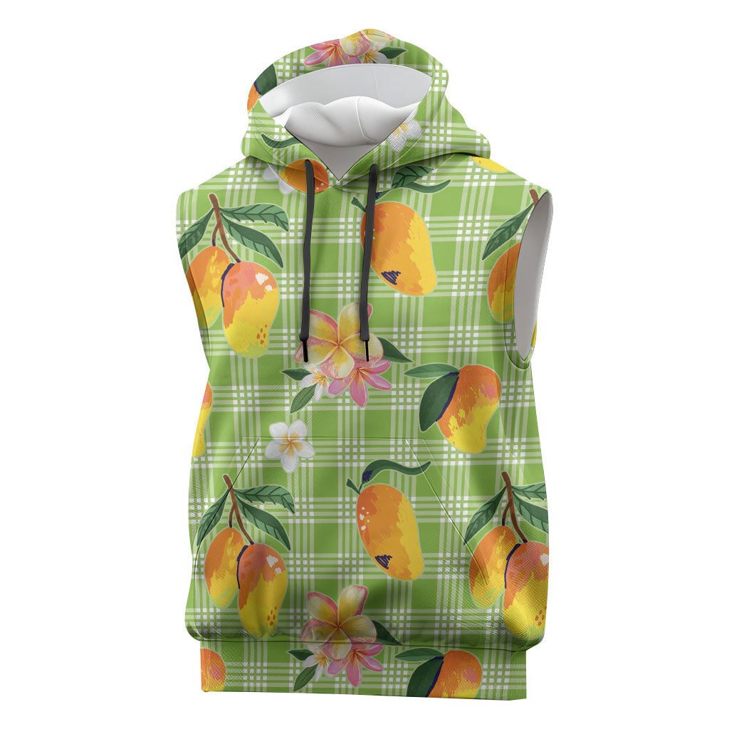 Aloha Hawaii Palaka Print Mango Plumeria Sleeveless Hoodie Cool Mint