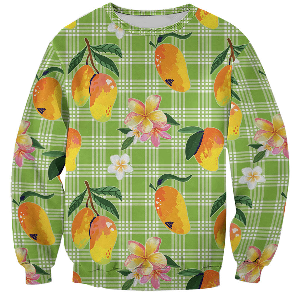 Aloha Hawaii Palaka Print Mango Plumeria Sweatshirt Cool Mint