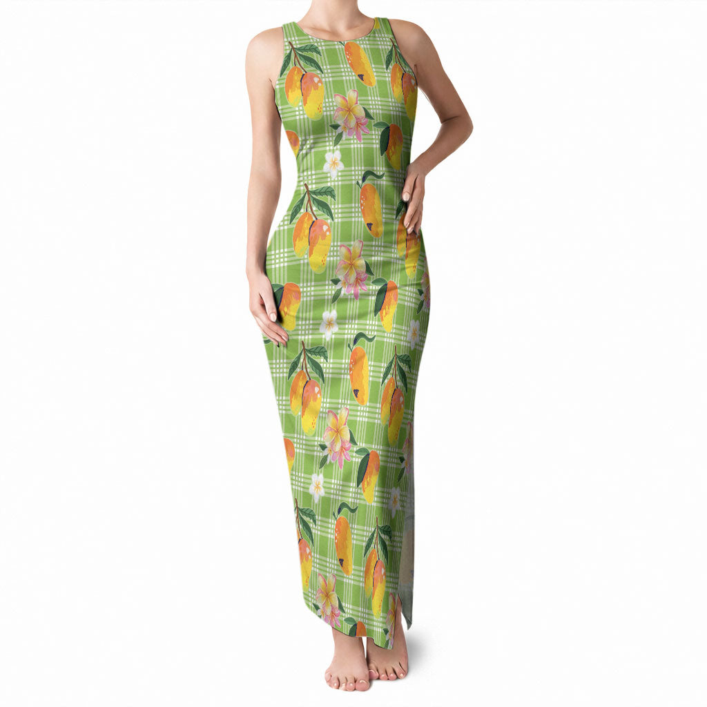 Aloha Hawaii Palaka Print Mango Plumeria Tank Maxi Dress Cool Mint
