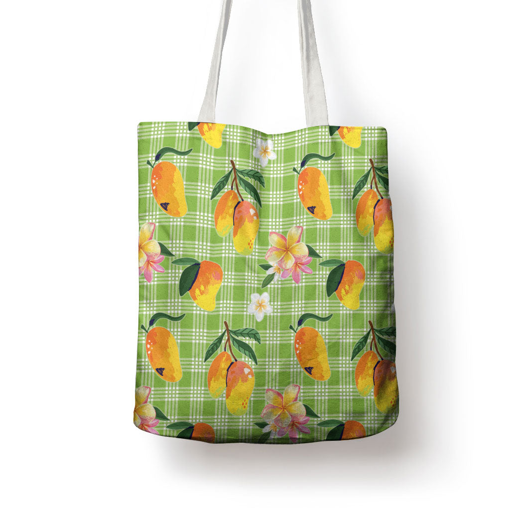 Aloha Hawaii Palaka Print Mango Plumeria Tote Bag Cool Mint
