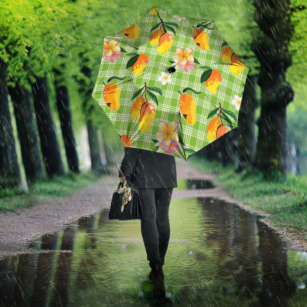 Aloha Hawaii Palaka Print Mango Plumeria Umbrella Cool Mint