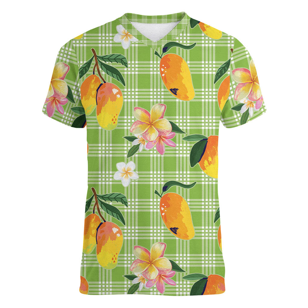 Aloha Hawaii Palaka Print Mango Plumeria Women V-Neck T-Shirt Cool Mint
