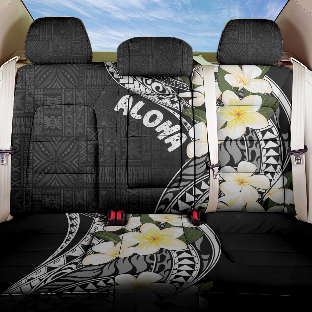 Aloha Hawaii Festive Back Car Seat Cover Frangipani Lace Classic LT7 One Size Black - Polynesian Pride