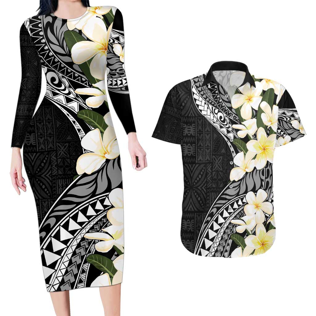 Aloha Hawaii Festive Couples Matching Long Sleeve Bodycon Dress and Hawaiian Shirt Frangipani Lace Classic