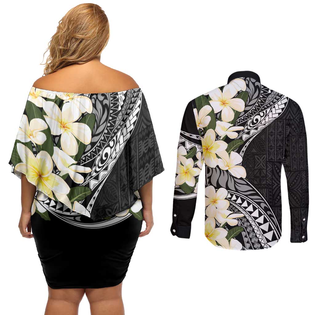 Aloha Hawaii Festive Couples Matching Off Shoulder Short Dress and Long Sleeve Button Shirt Frangipani Lace Classic