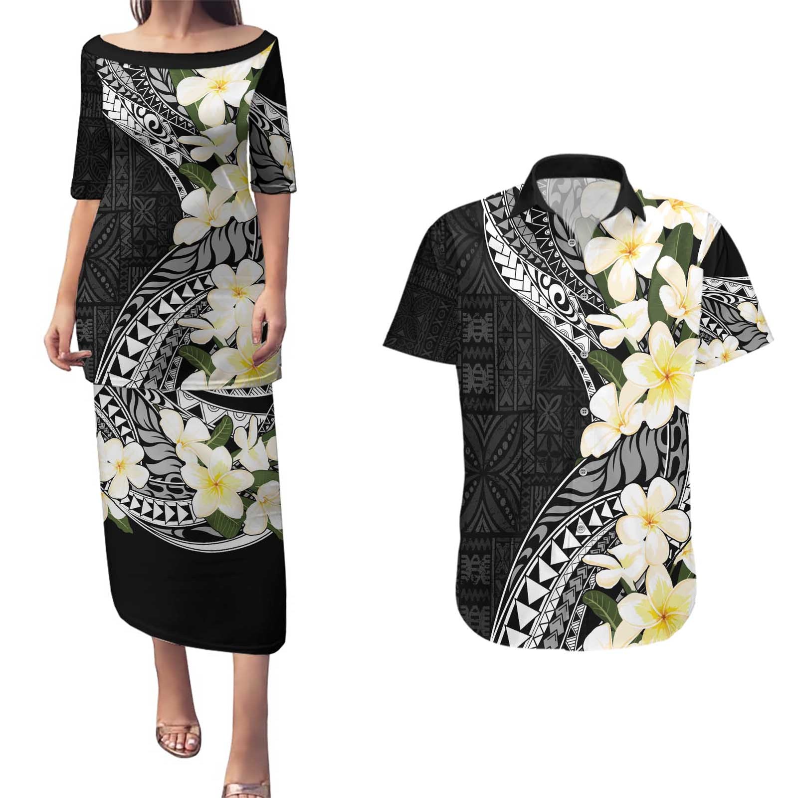 Aloha Hawaii Festive Couples Matching Puletasi and Hawaiian Shirt Frangipani Lace Classic LT7 Black - Polynesian Pride