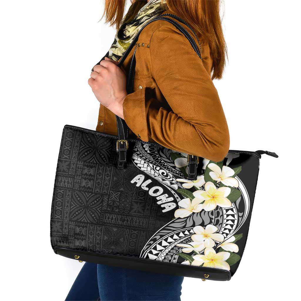Aloha Hawaii Festive Leather Tote Bag Frangipani Lace Classic LT7 Black - Polynesian Pride