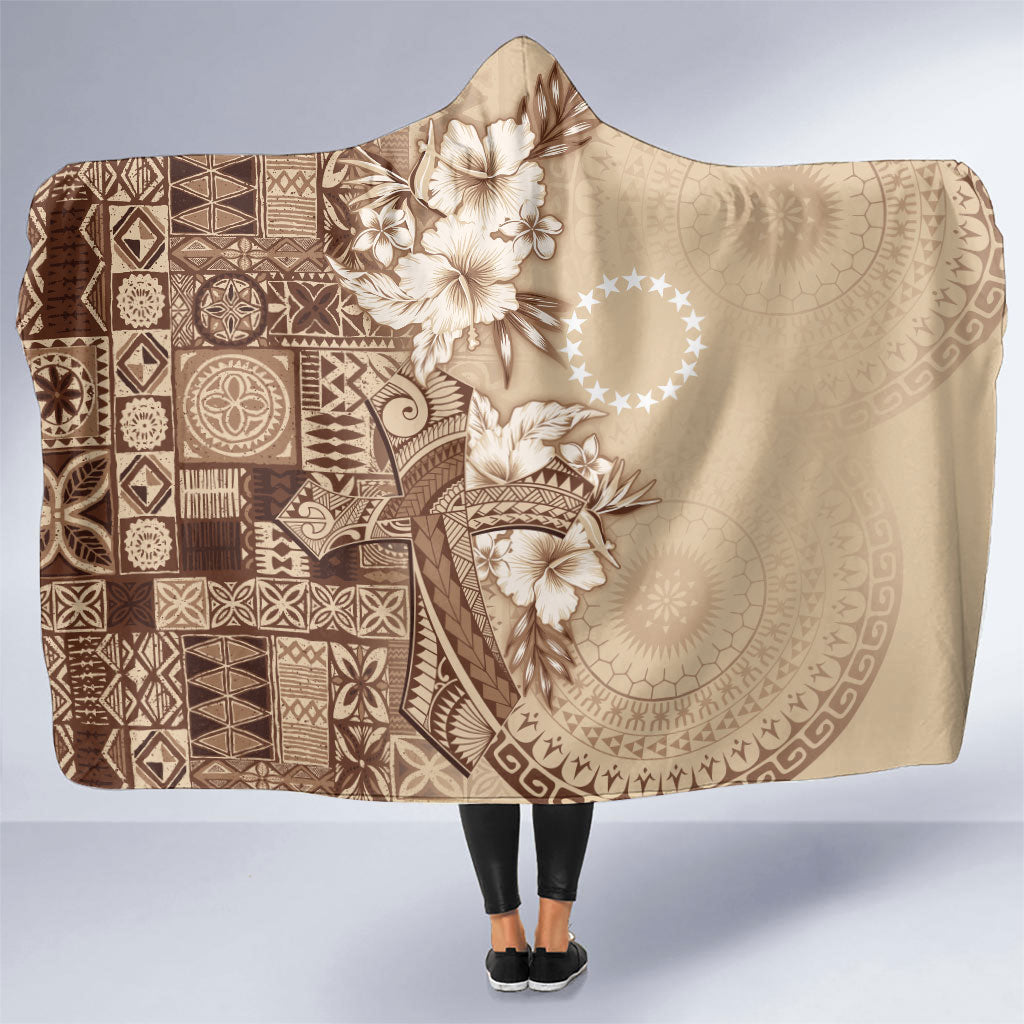 Kia Orana Cook Islands Tapa Floral With Cross Hooded Blanket Beige