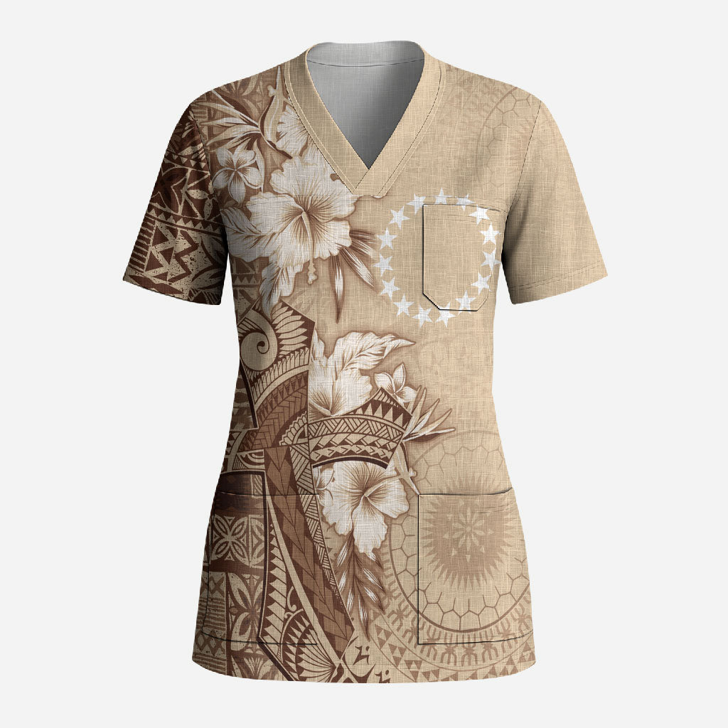 Kia Orana Cook Islands Tapa Floral With Cross Scrub Top Beige LT7 Adult Beige - Polynesian Pride