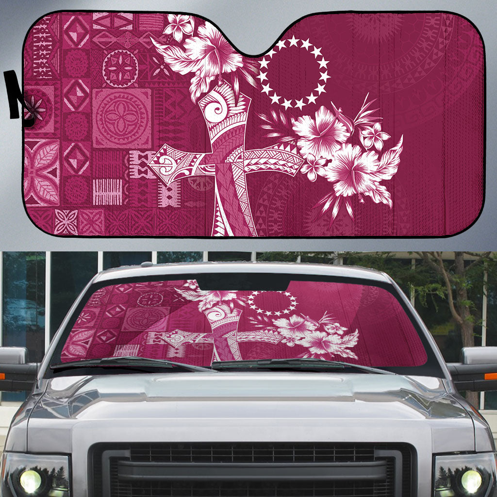 Kia Orana Cook Islands Tapa Floral With Cross Auto Sun Shade Maroon