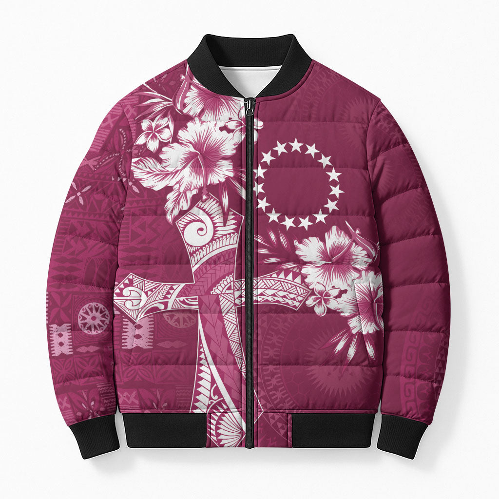 Kia Orana Cook Islands Tapa Floral With Cross Bomber Puffer Jacket Maroon