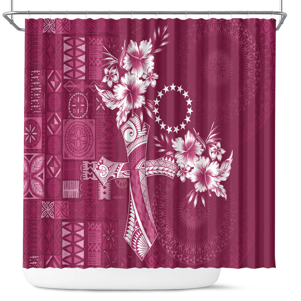 Kia Orana Cook Islands Tapa Floral With Cross Shower Curtain Maroon