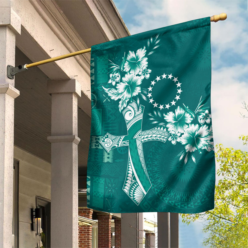 Kia Orana Cook Islands Tapa Floral With Cross Garden Flag Deep Teal LT7 House Flag Deep Teal - Polynesian Pride