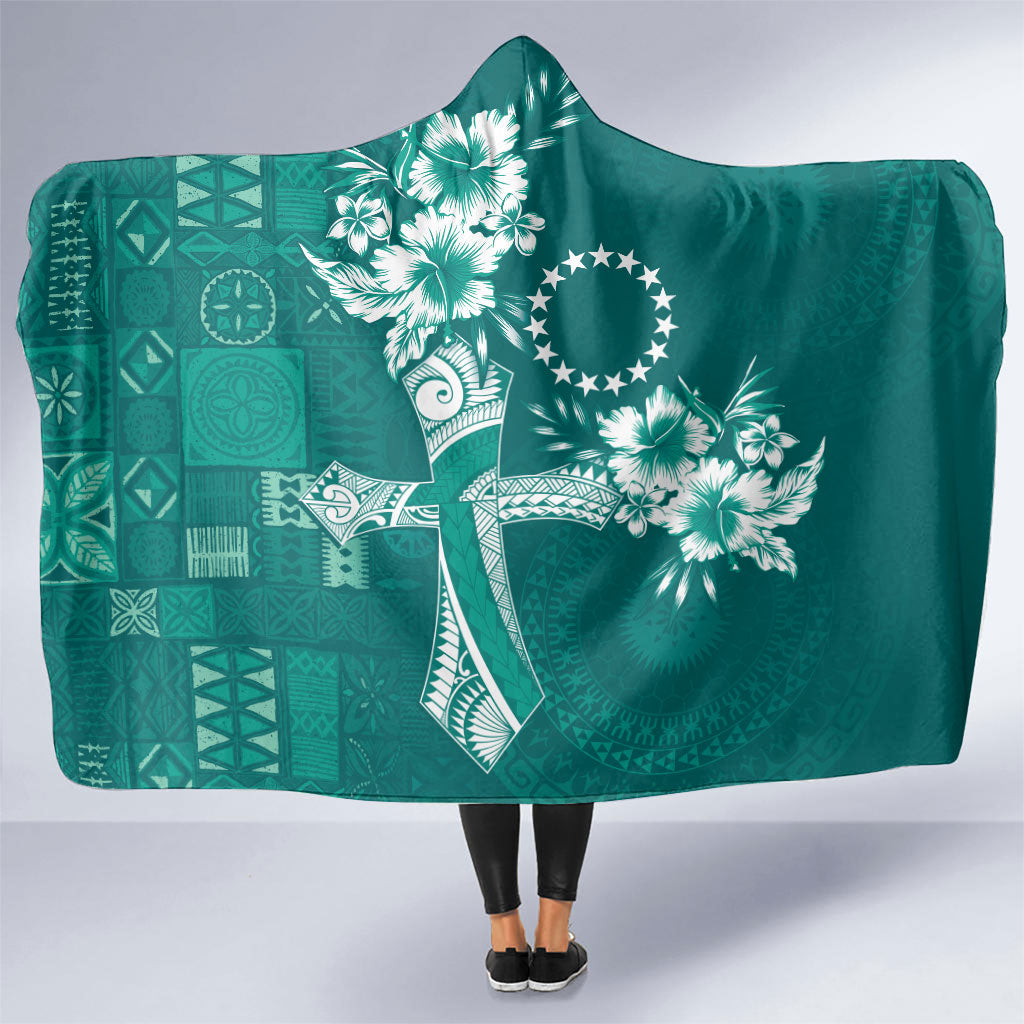Kia Orana Cook Islands Tapa Floral With Cross Hooded Blanket Deep Teal