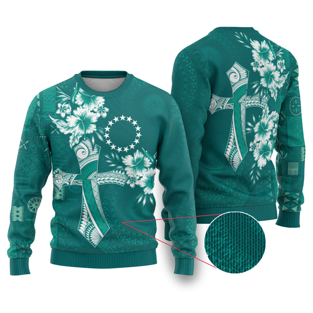 Kia Orana Cook Islands Tapa Floral With Cross Ugly Christmas Sweater Deep Teal