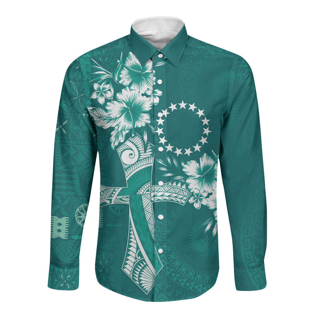 Kia Orana Cook Islands Tapa Floral With Cross Long Sleeve Button Shirt Deep Teal LT7 Unisex Deep Teal - Polynesian Pride