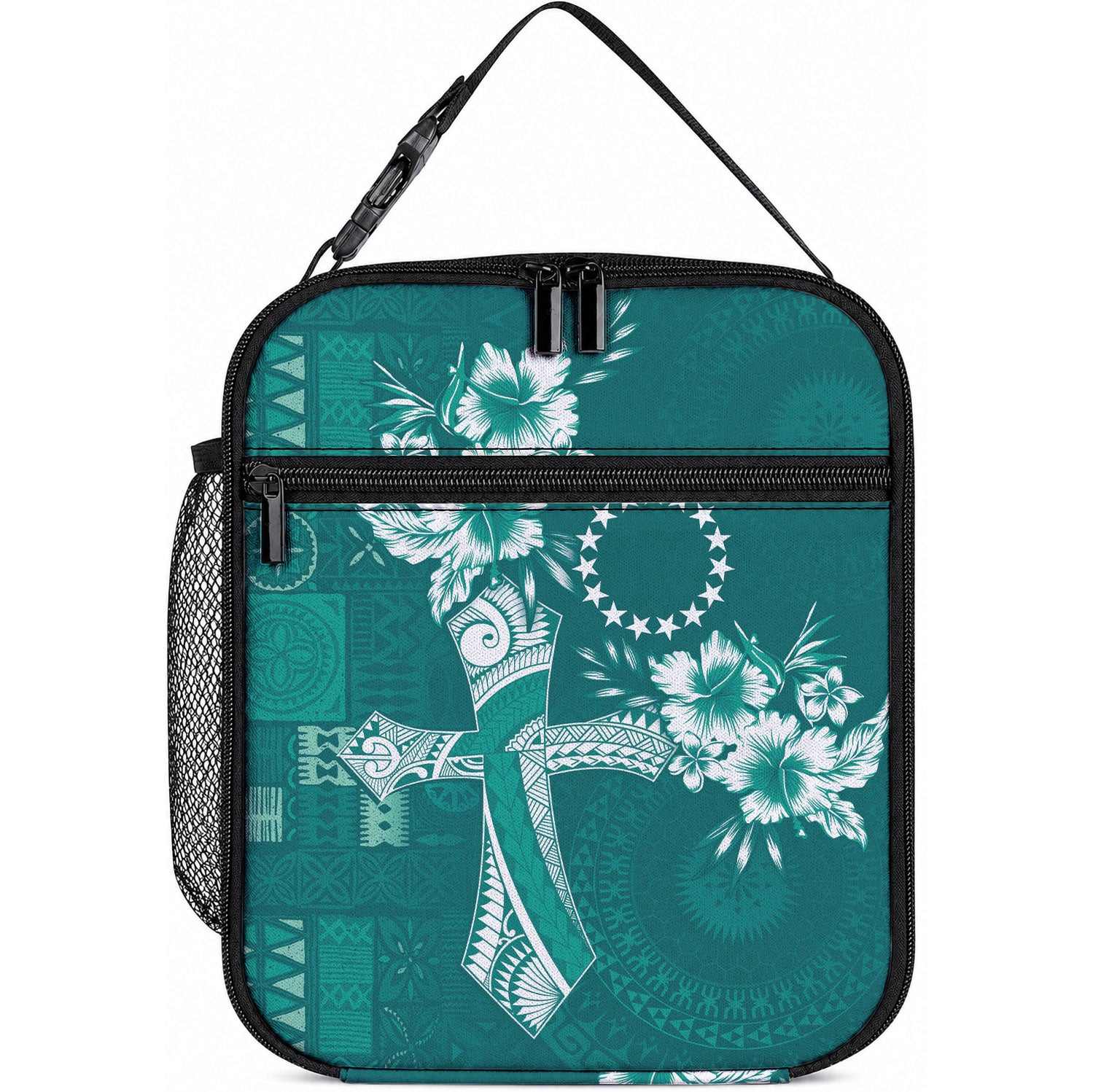 Kia Orana Cook Islands Tapa Floral With Cross Lunch Bag Deep Teal LT7 10.2 × 8.3 × 4.3 inch Deep Teal - Polynesian Pride