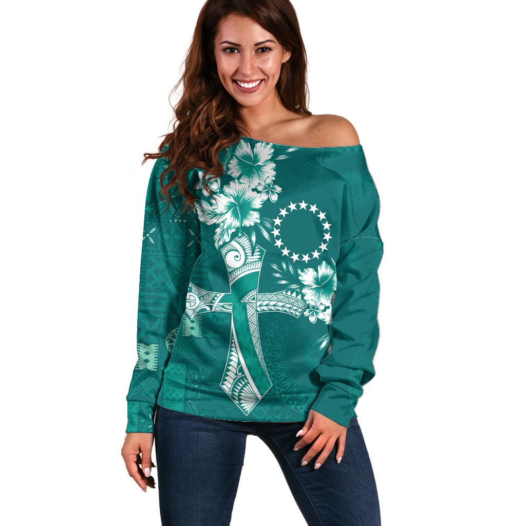 Kia Orana Cook Islands Tapa Floral With Cross Off Shoulder Sweater Deep Teal LT7 Women Deep Teal - Polynesian Pride
