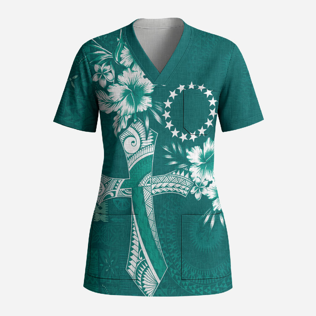 Kia Orana Cook Islands Tapa Floral With Cross Scrub Top Deep Teal LT7 Adult Deep Teal - Polynesian Pride