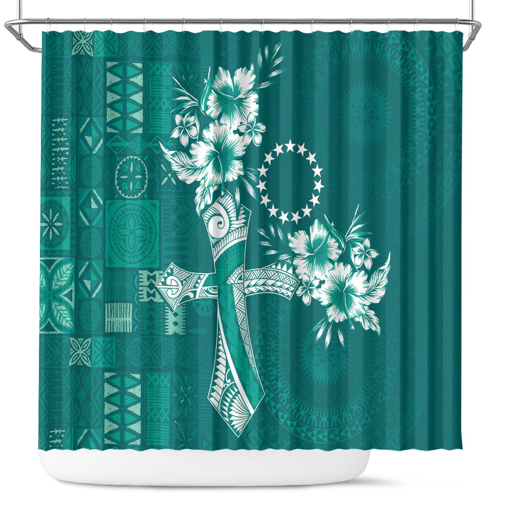 Kia Orana Cook Islands Tapa Floral With Cross Shower Curtain Deep Teal