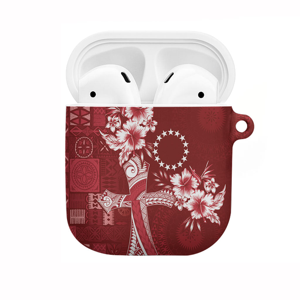 Kia Orana Cook Islands Tapa Floral With Cross AirPods Case Crimson Red